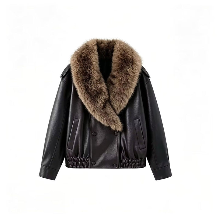 Women's Faux Leather Bomber Jacket with Large Faux Fur Collar Amarae