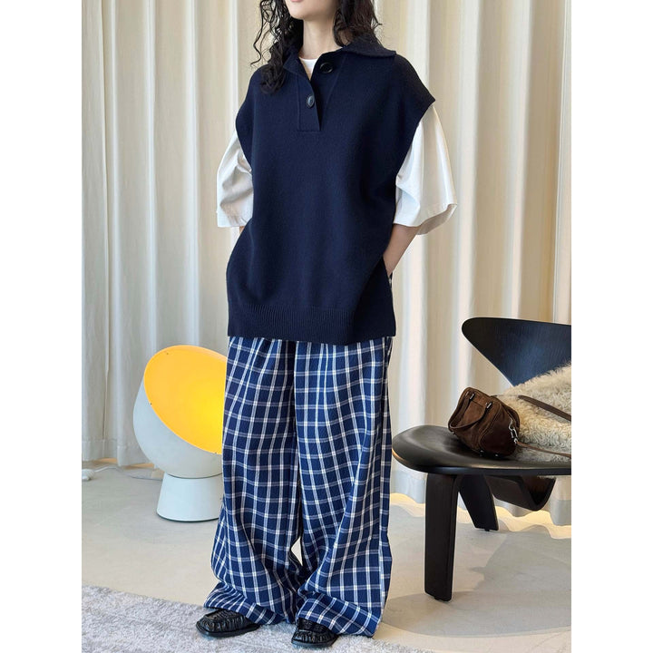 Women's High-waisted, Flowing Checked Maxi Skirt with Pleats and Button Detail Amarae