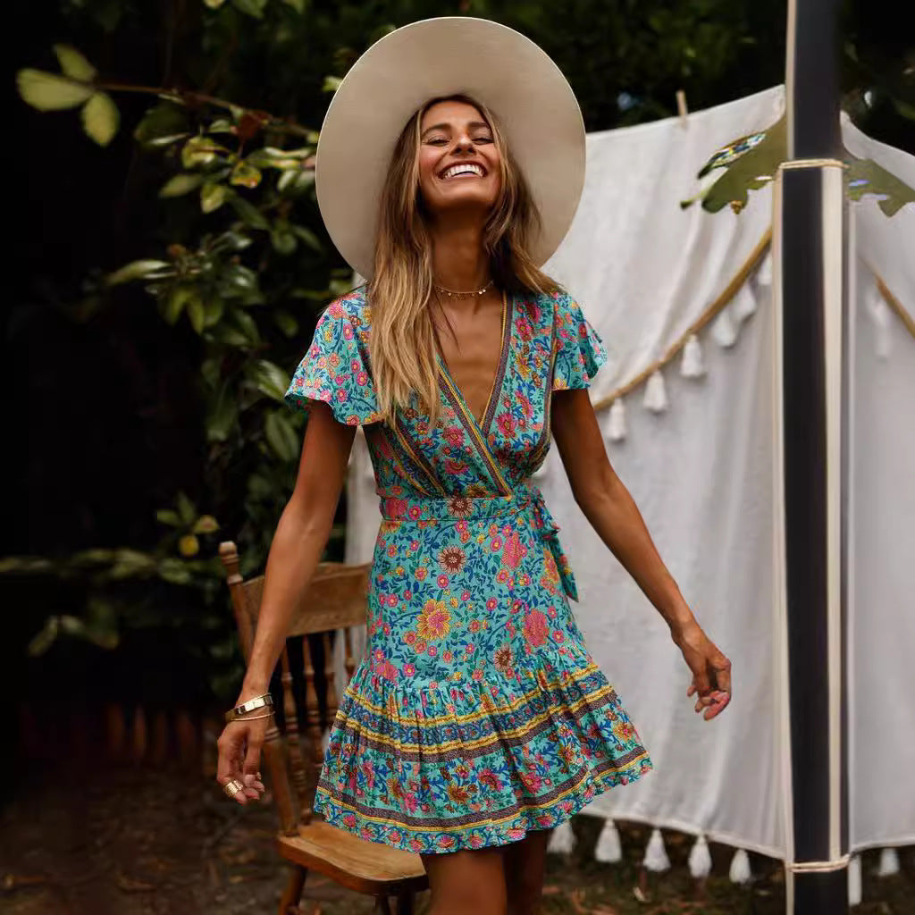 Lune London Floral Design and Ruffled Details Women's Wrap Dress