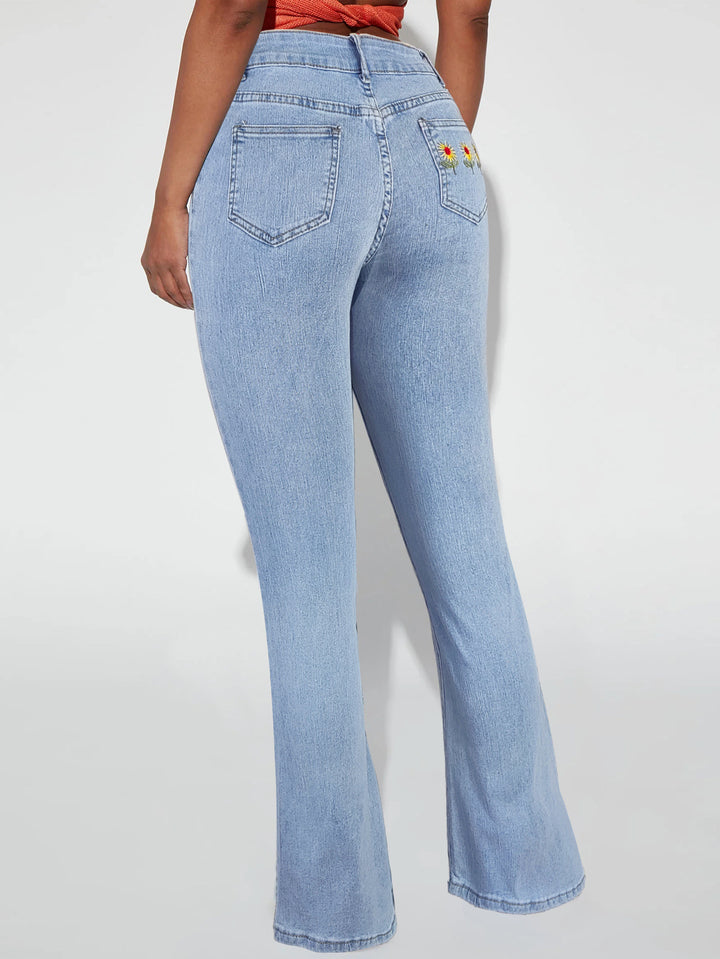 Women's high-waisted flared jeans with daisy embroidery and shaping cut Amarae