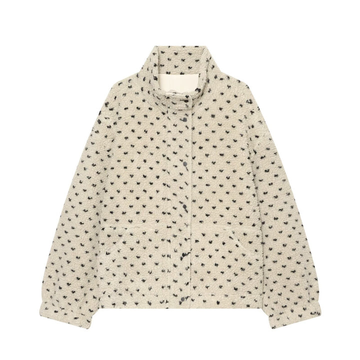 Women Short Teddy Jacket with Stand Collar and Polka Dot Pattern Amarae