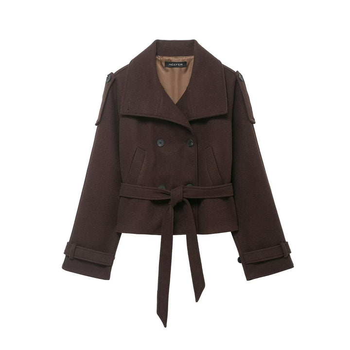 Women's Cropped Wool Blend Short Coat with High Stand-up Collar, Epaulettes, and Waist Belt Amarae