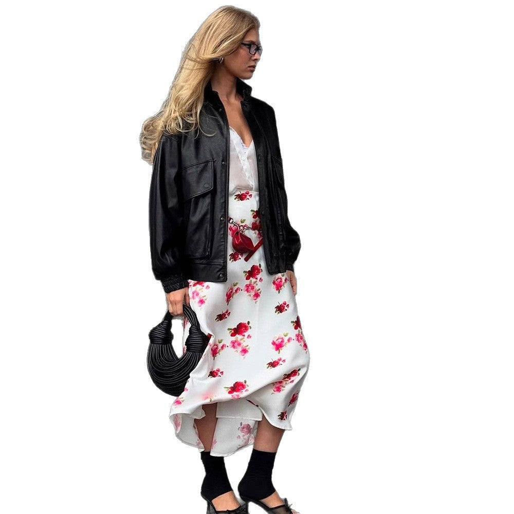 Ladies Boxy Faux Leather Blouson with Stand-up Collar and Gathered Cuffs Amarae