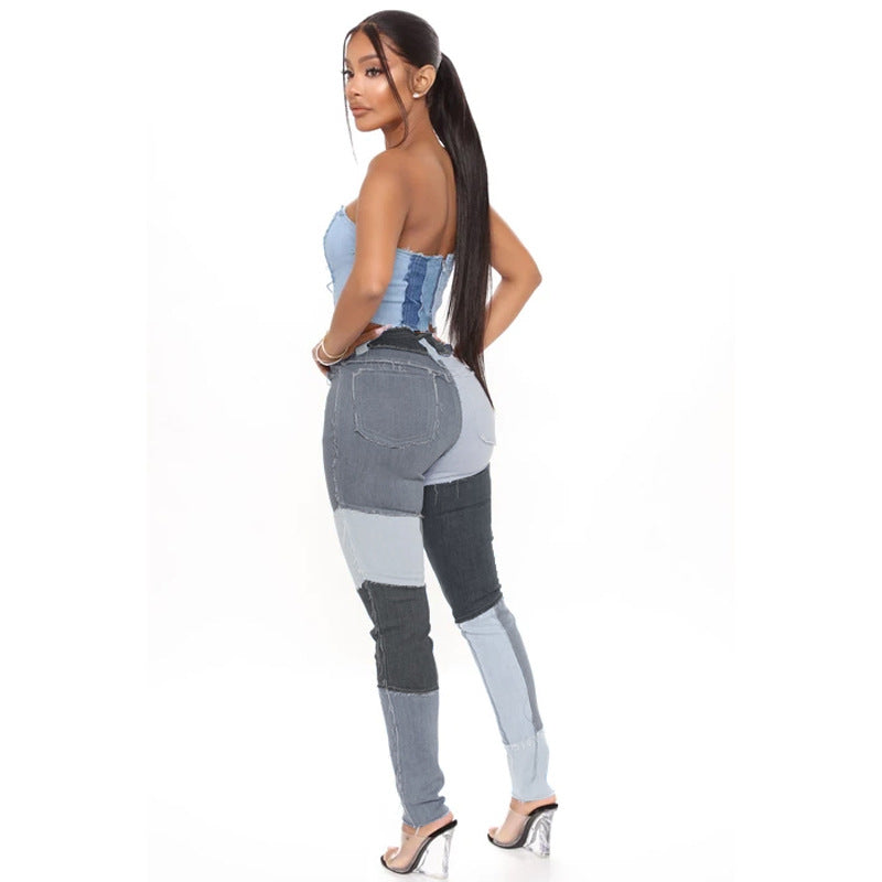Fashionable denim pants for women with chic patchwork design.