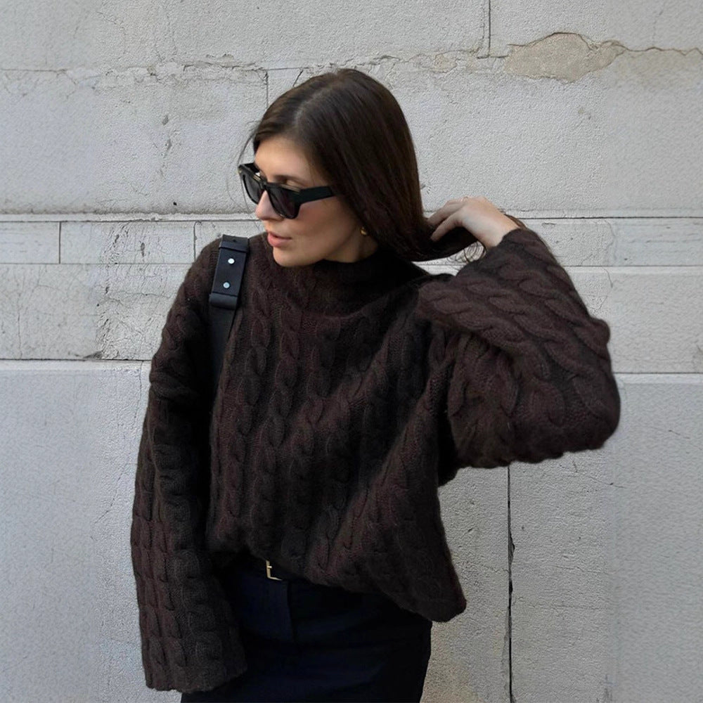 Women's Short-Cut Cable Knit Sweater with Turtleneck & Balloon Sleeves Amarae