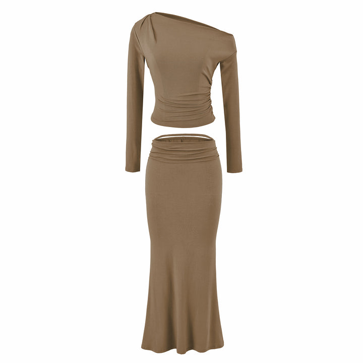 Women's One-Shoulder Two-Piece Set with Ruched Crop Top and Fitted Maxi Skirt Amarae