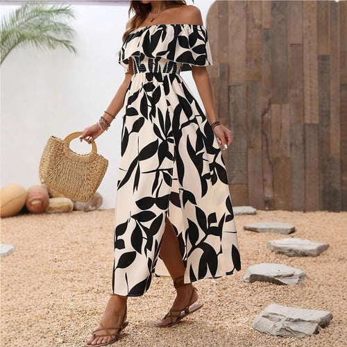 Long off-shoulder maxi dress for ladies with floral patterns and elastic belt Amarae