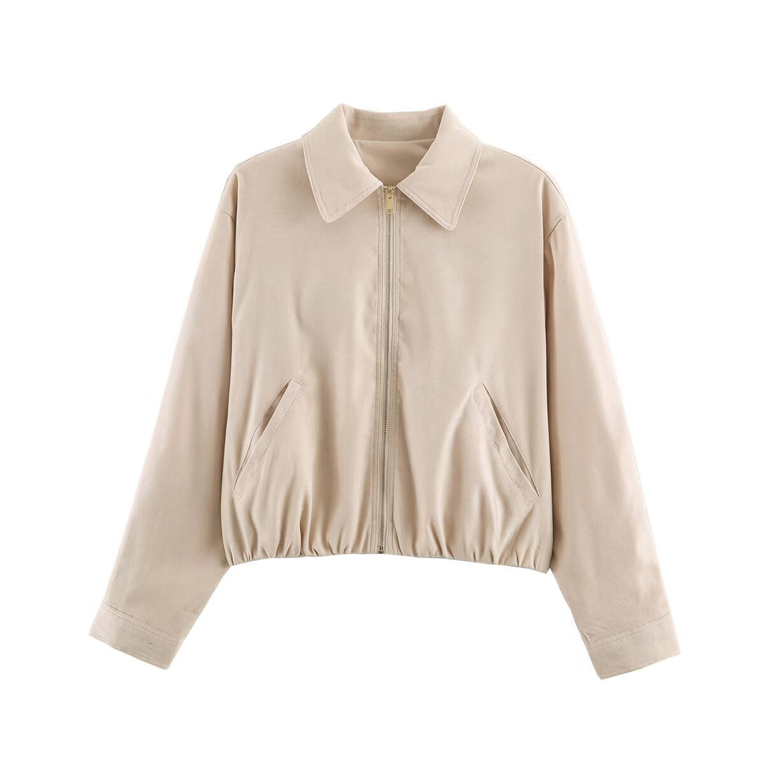 Women's Short Cut Bomber Jacket with Zipper, Shirt Collar and Elastic Hem Amarae