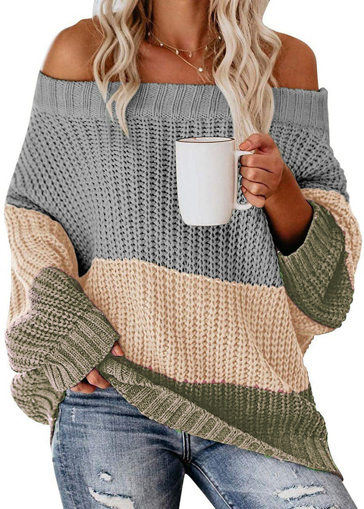 Casual chunky knit sweater for women with off-shoulder design and decorative color combination Lune London