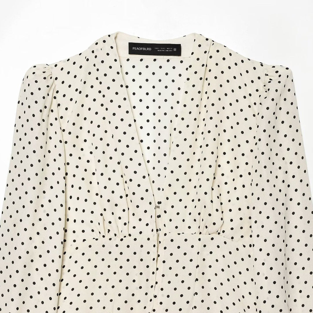 Women Polka Dot Blouse with V-Neck, Ruffled Hem and Balloon Sleeves Amarae