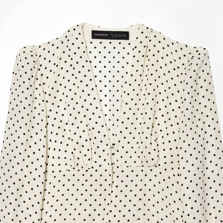 Women Polka Dot Blouse with V-Neck, Ruffled Hem and Balloon Sleeves Amarae