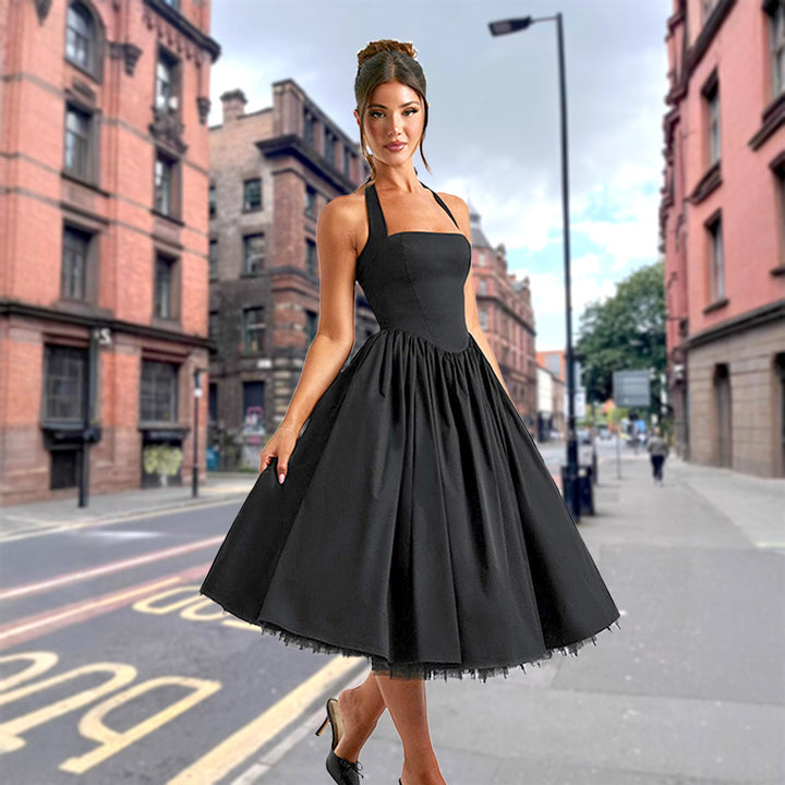 Ladies Elegant Halterneck Dress with Voluminous Skirt and Integrated Tulle Lune London