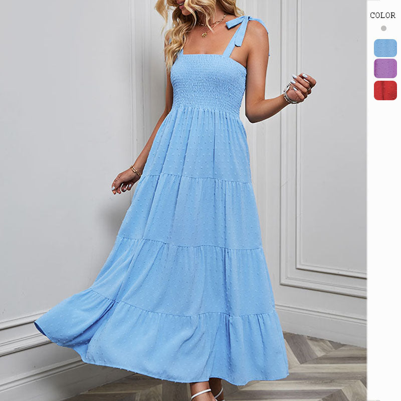 Women's maxi dress with delicate smock top and adjustable straps Lune London
