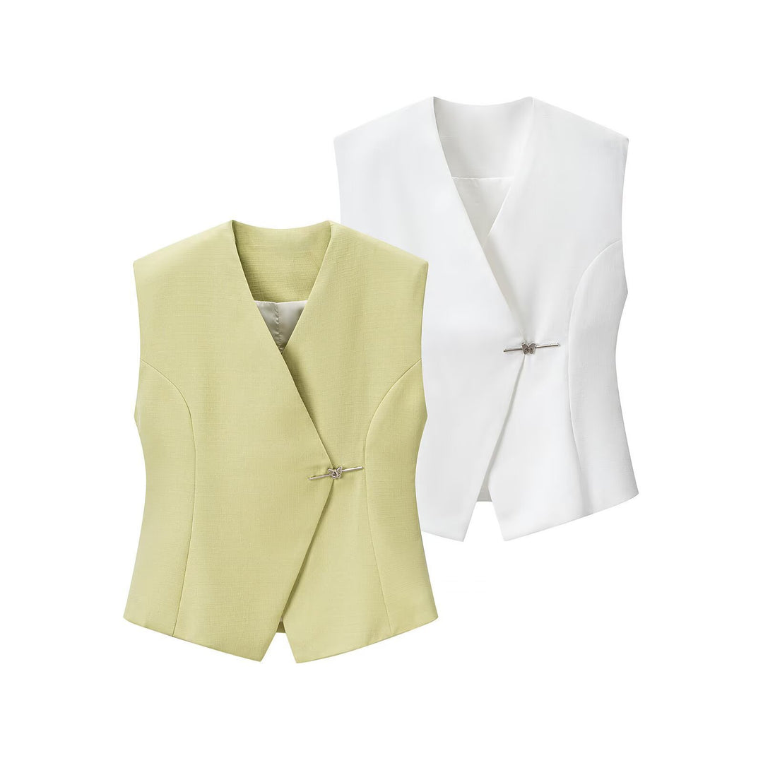 Women Tailored Sleeveless Blazer Vest with V-Neck and Decorative Hooks Amarae