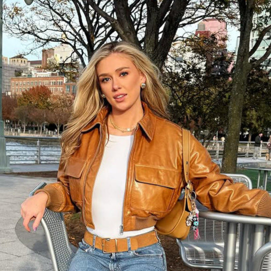 Women's Short Leather-Look Blouson Jacket with Large Flap Pockets and Ribbed Cuff Amarae