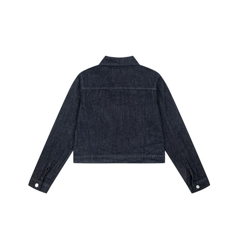 Women Short Cropped Denim Jacket with Star Applications and Cartoon Embroideries Amarae