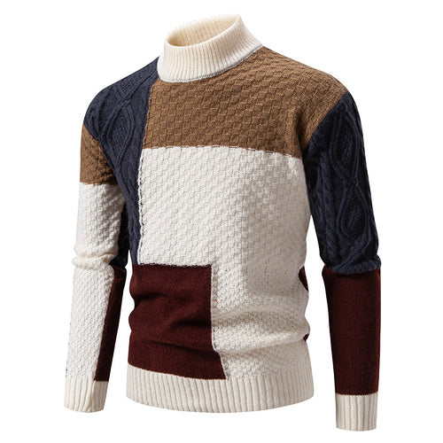Trendy thick knit sweater for men with high collar and textured color block design Amarae