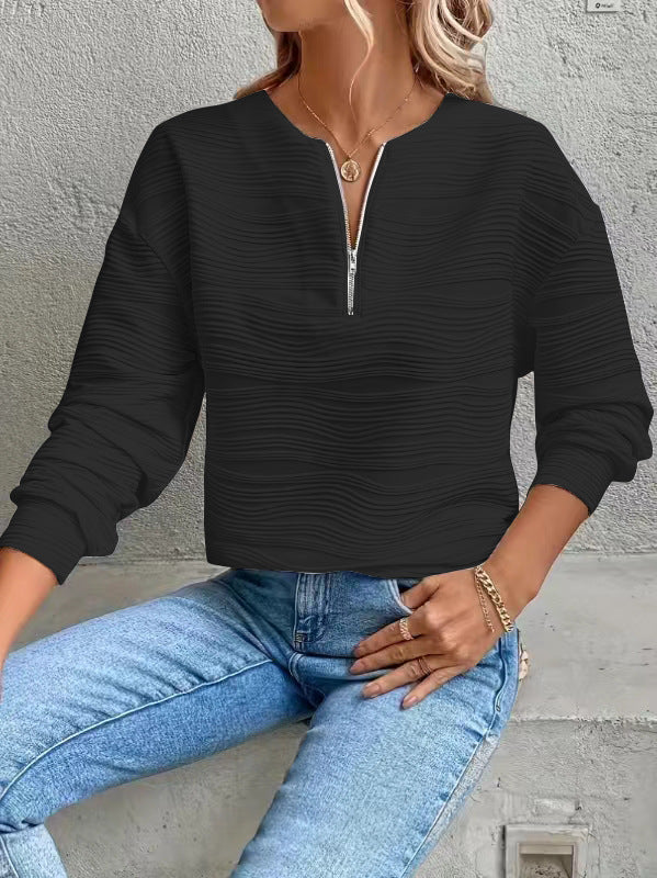 Ladies Modern Sweatshirt with Half Zipper and Textured Design Amarae