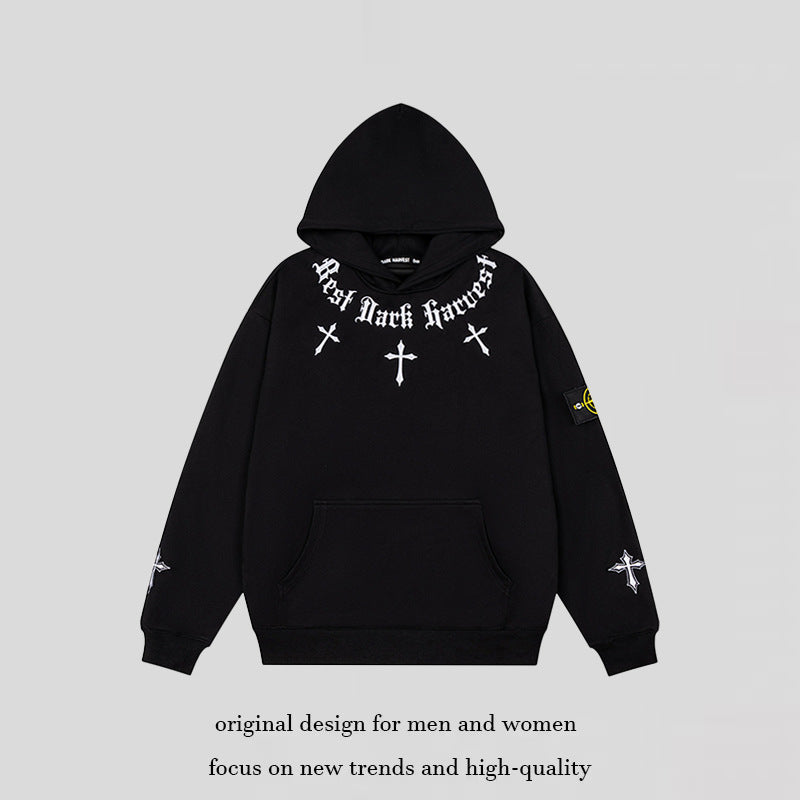 Unisex Oversize Hoodie with Gothic Cross Print, Kangaroo Pocket and Ribbed Cuffs Amarae