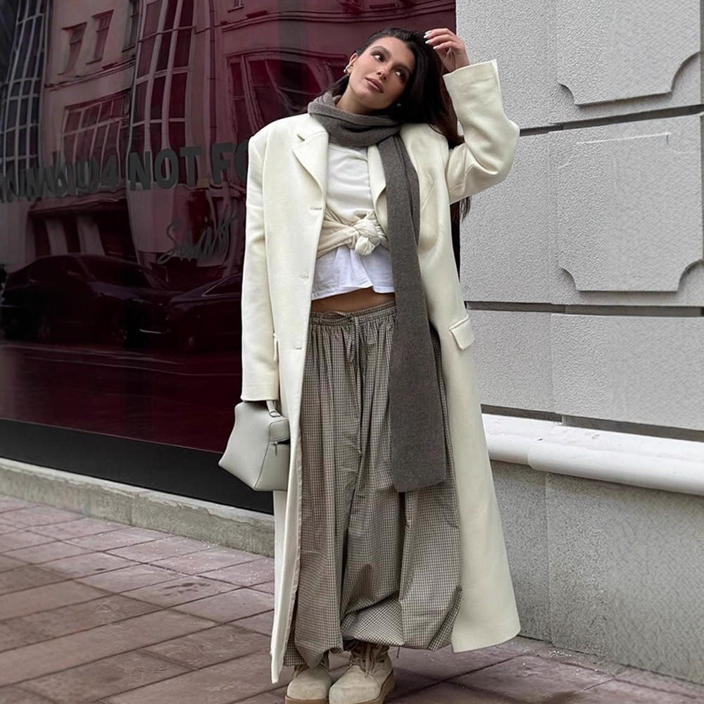 Women's Longline Wool Coat with Minimalist Button Placket, Structured Shoulder, and Classic Lapel Collar Amarae
