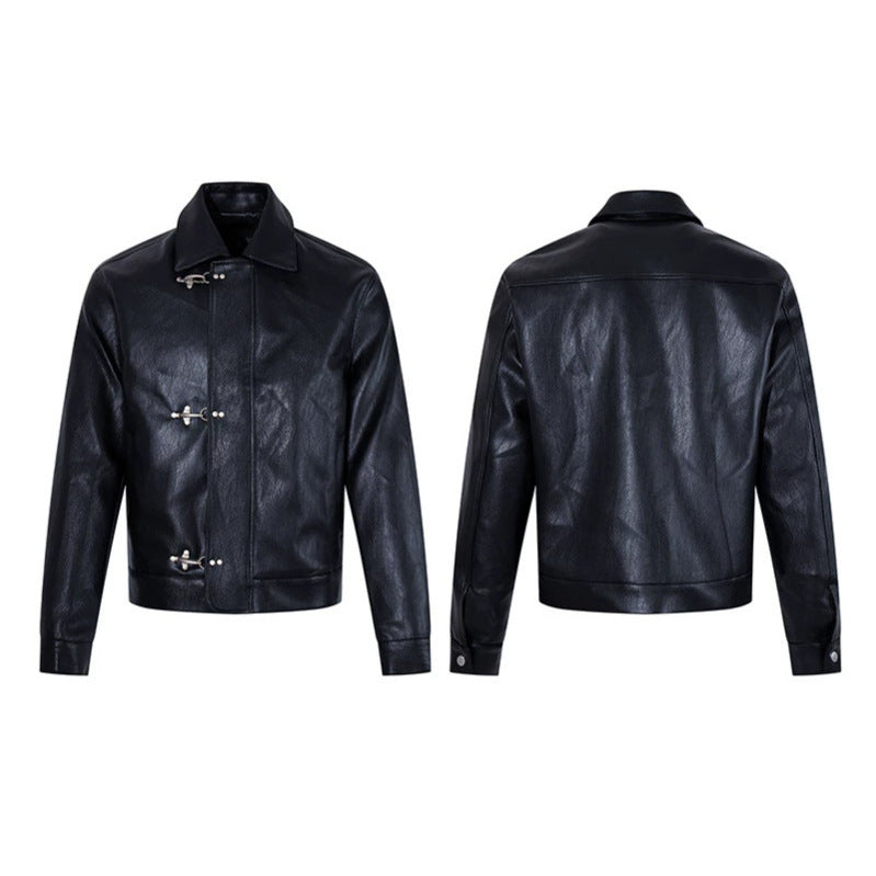 Men's leather jacket with toggle fasteners, short cut and shirt collar Amarae
