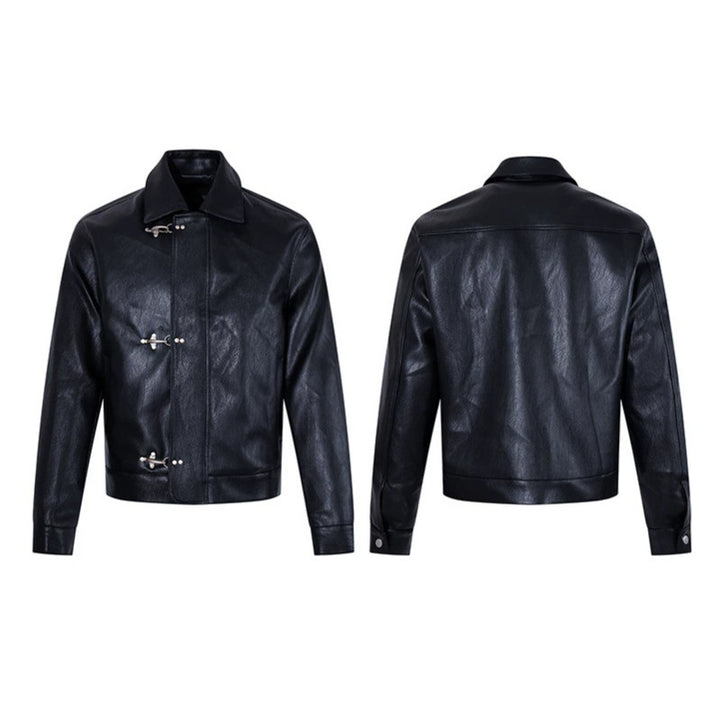 Men's leather jacket with toggle fasteners, short cut and shirt collar Amarae