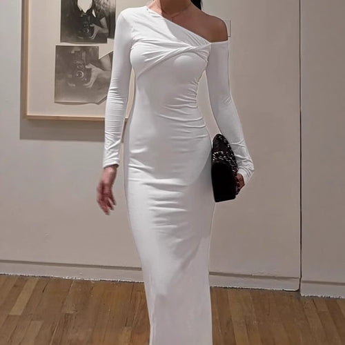Elegant bodycon maxi dress for women with asymmetrical cut and plunging neckline Amarae