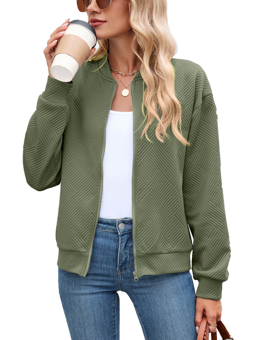 Ladies Chic and Stylish Textured Design Sporty Bomber Jacket