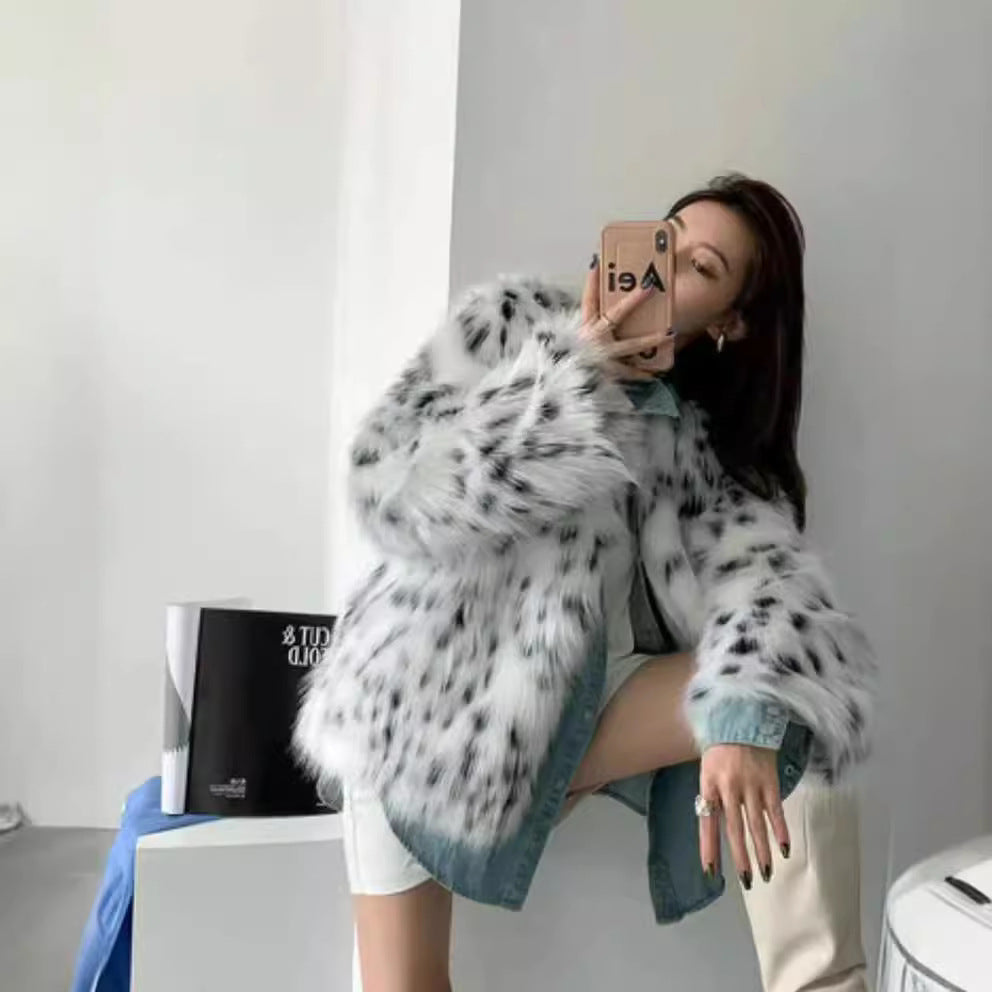 Ladies Trendy Faux Fur Jacket with Eye-Catching Pattern and Voluminous Fit Lune London