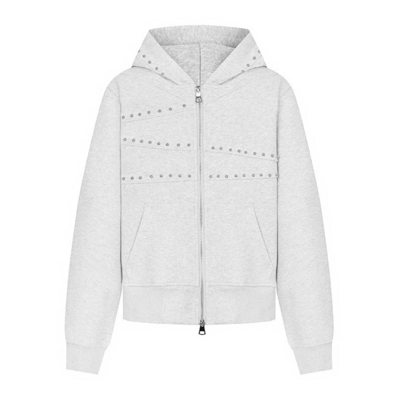 Women's hooded sweat jacket with studded accents, full-length zipper, and kangaroo pockets Amarae