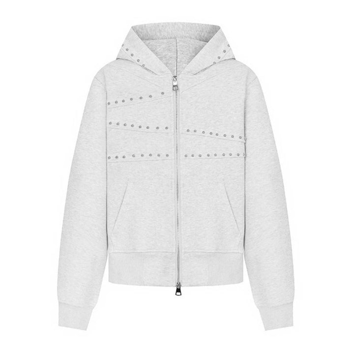 Women's hooded sweat jacket with studded accents, full-length zipper, and kangaroo pockets Amarae