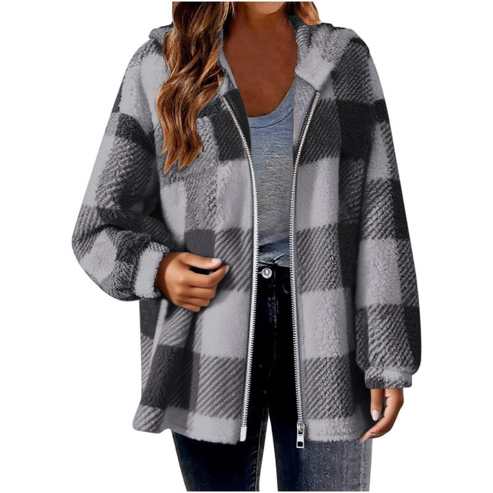 Fleece jacket for women with plaid pattern and hood Lune London