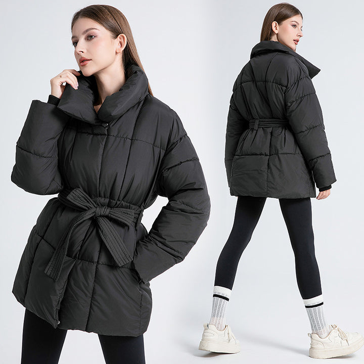 Ladies comfortable and elegant down jacket with belt and high collar Amarae