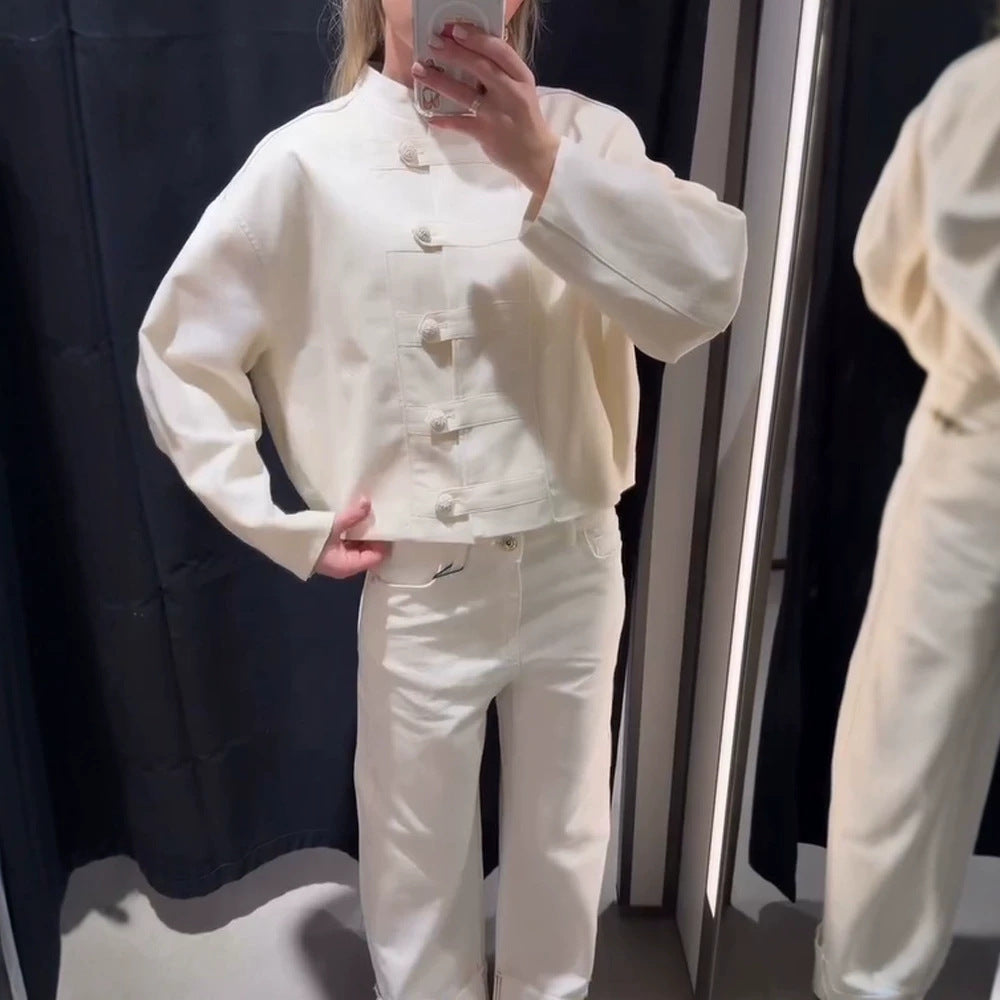 Women's Short Boxy Jacket with Mandarin Collar and Decorative Knot Button Placket Amarae