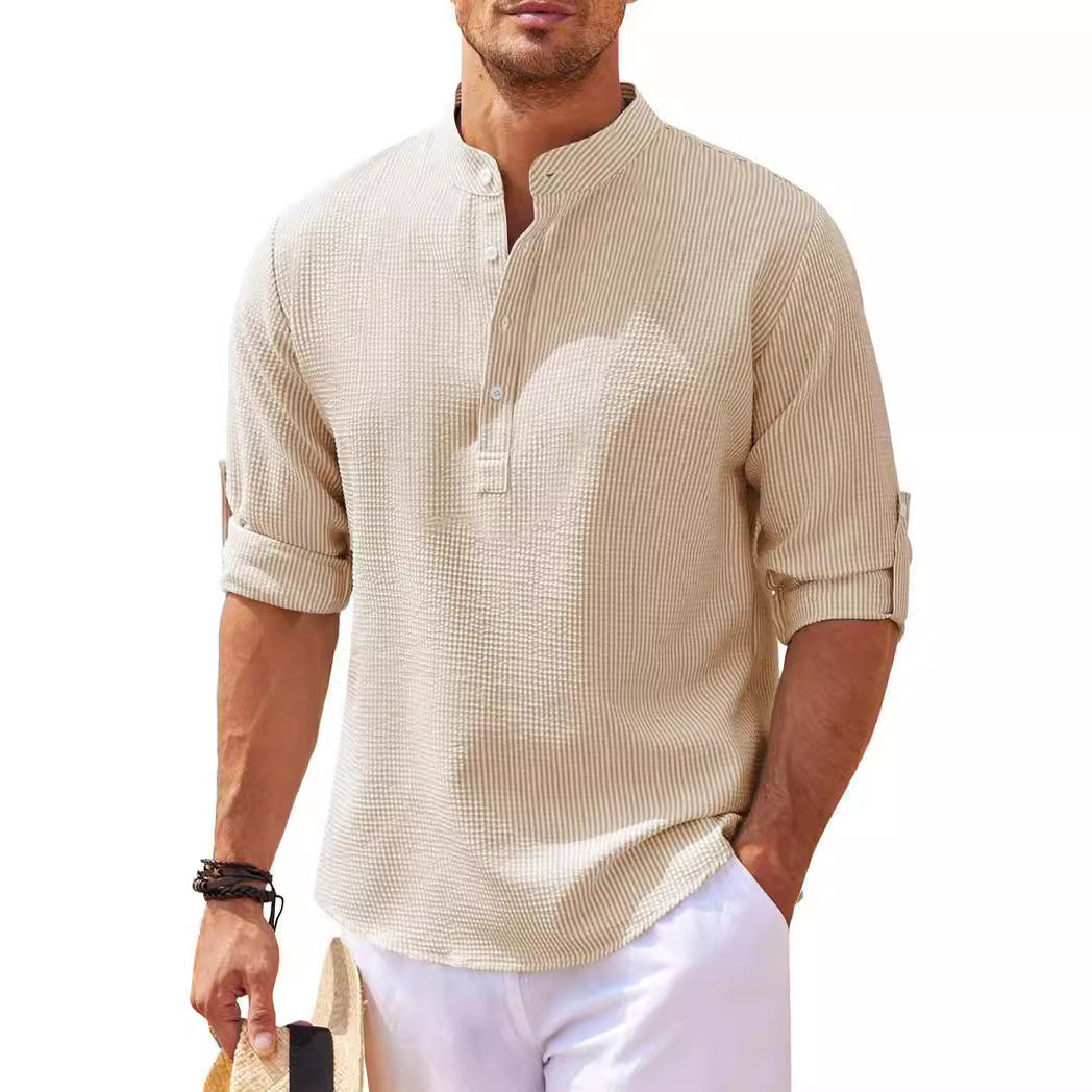 Men's Casual Long Sleeve Shirt with Stand-Up Collar and Ribbed Texture Lune London