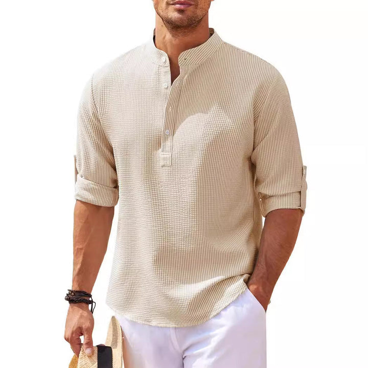 Men's Casual Long Sleeve Shirt with Stand-Up Collar and Ribbed Texture Lune London