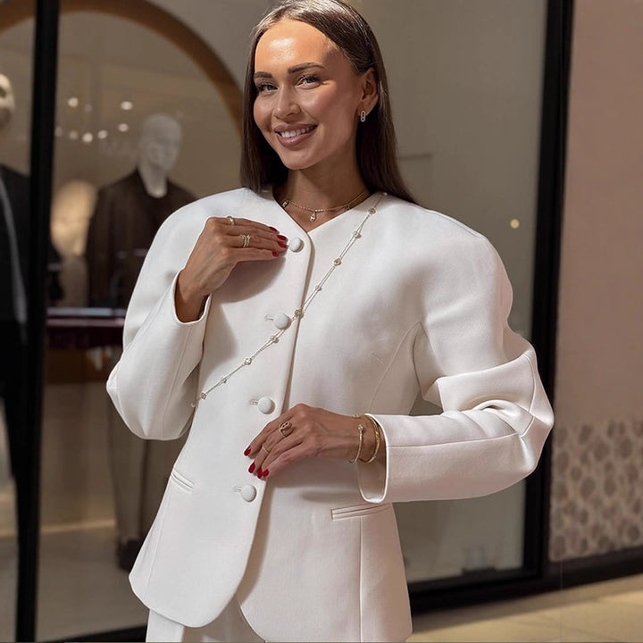 Women Short Blazer with Sculptural Shoulder, Rounded Neckline and Concealed Button Placket Amarae