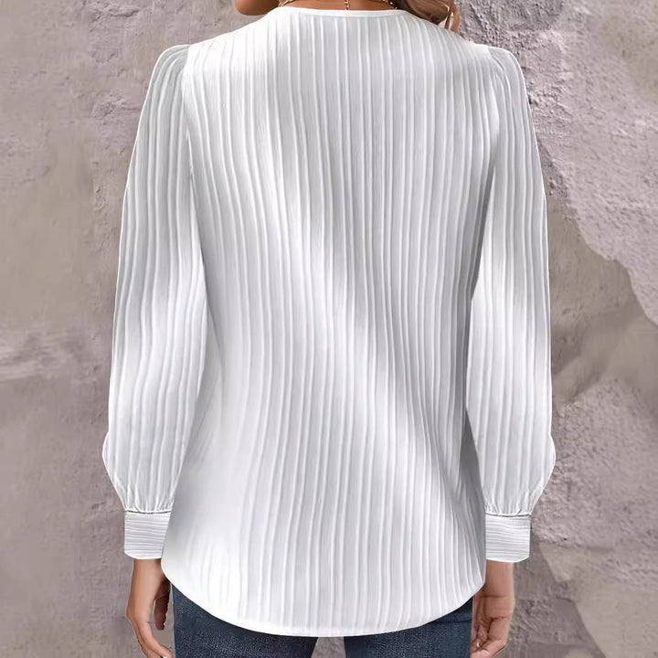 Women's Pleated Blouse with Asymmetrical Neckline and Button Details Lune London