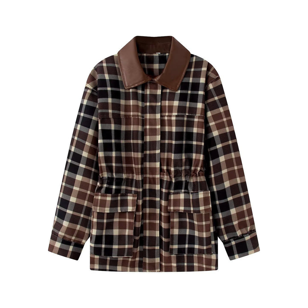 Women Checked Jacket with Faux Leather Collar, Drawstring Waist and Flap Pockets Amarae