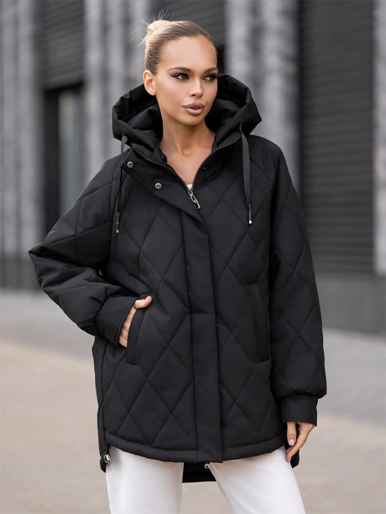 Women's quilted parka in diamond quilting pattern with hood and extended back Amarae