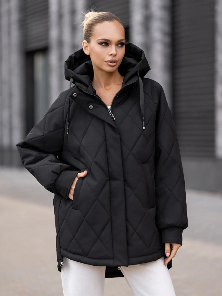 Women's quilted parka in diamond quilting pattern with hood and extended back Amarae