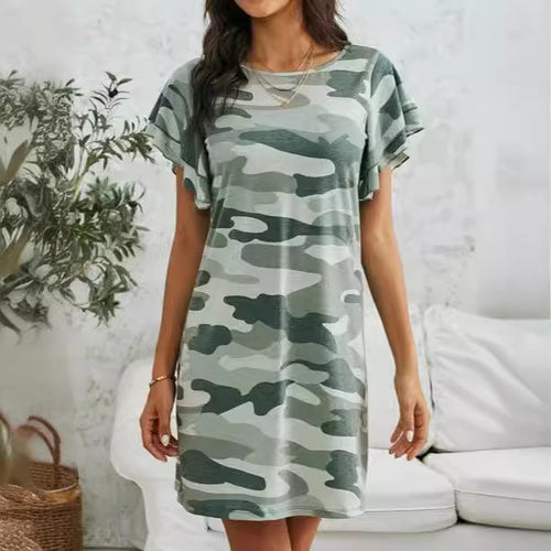 Leisure dress for women with ruffle details and camouflage design Amarae