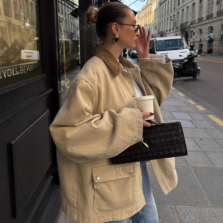 Women's Oversized Field Jacket with Cord Collar, Large Flap Pockets and Snap Button Closure Amarae