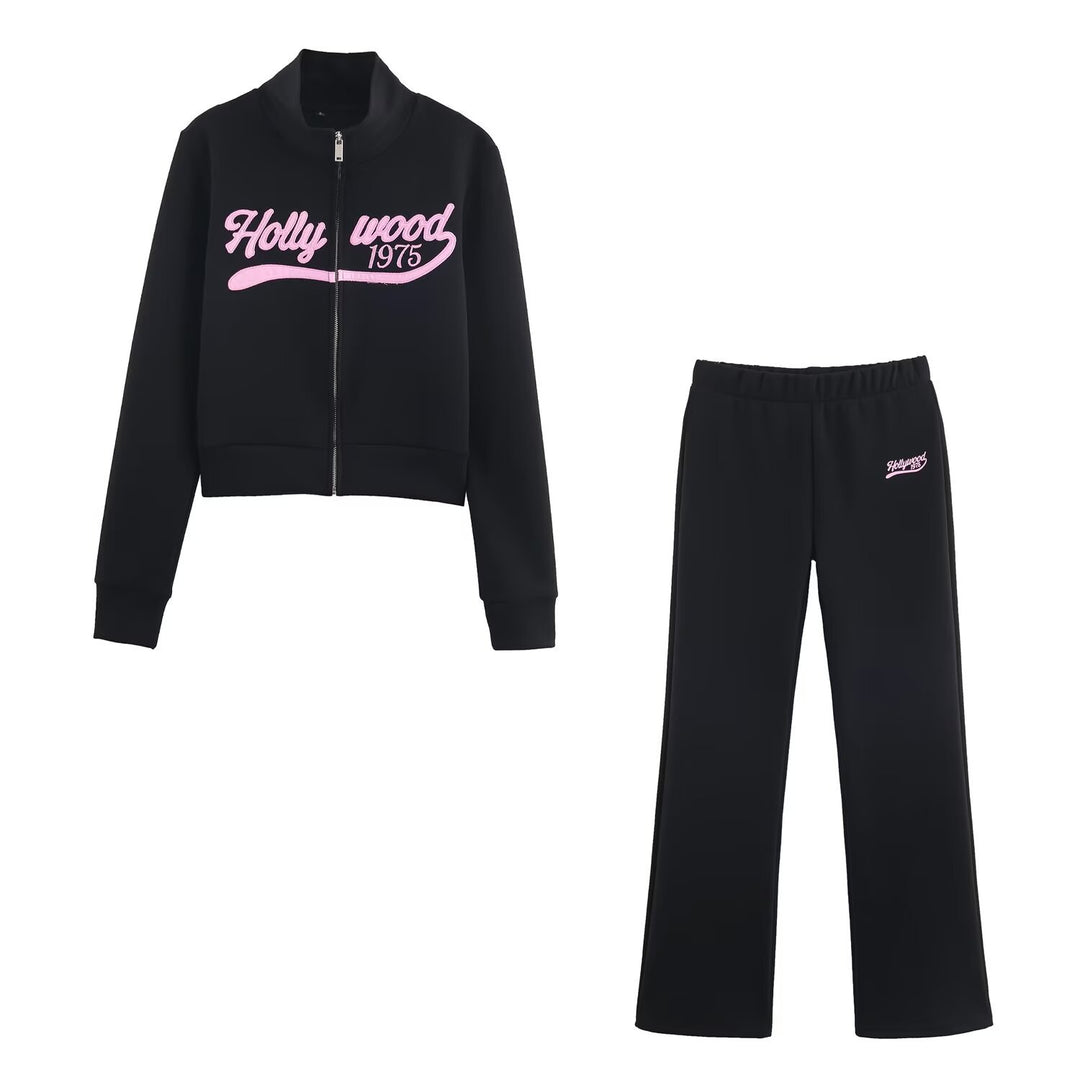 Women's loosely cut jersey casual pants with wide legs, elastic waistband, and retro logo Amarae