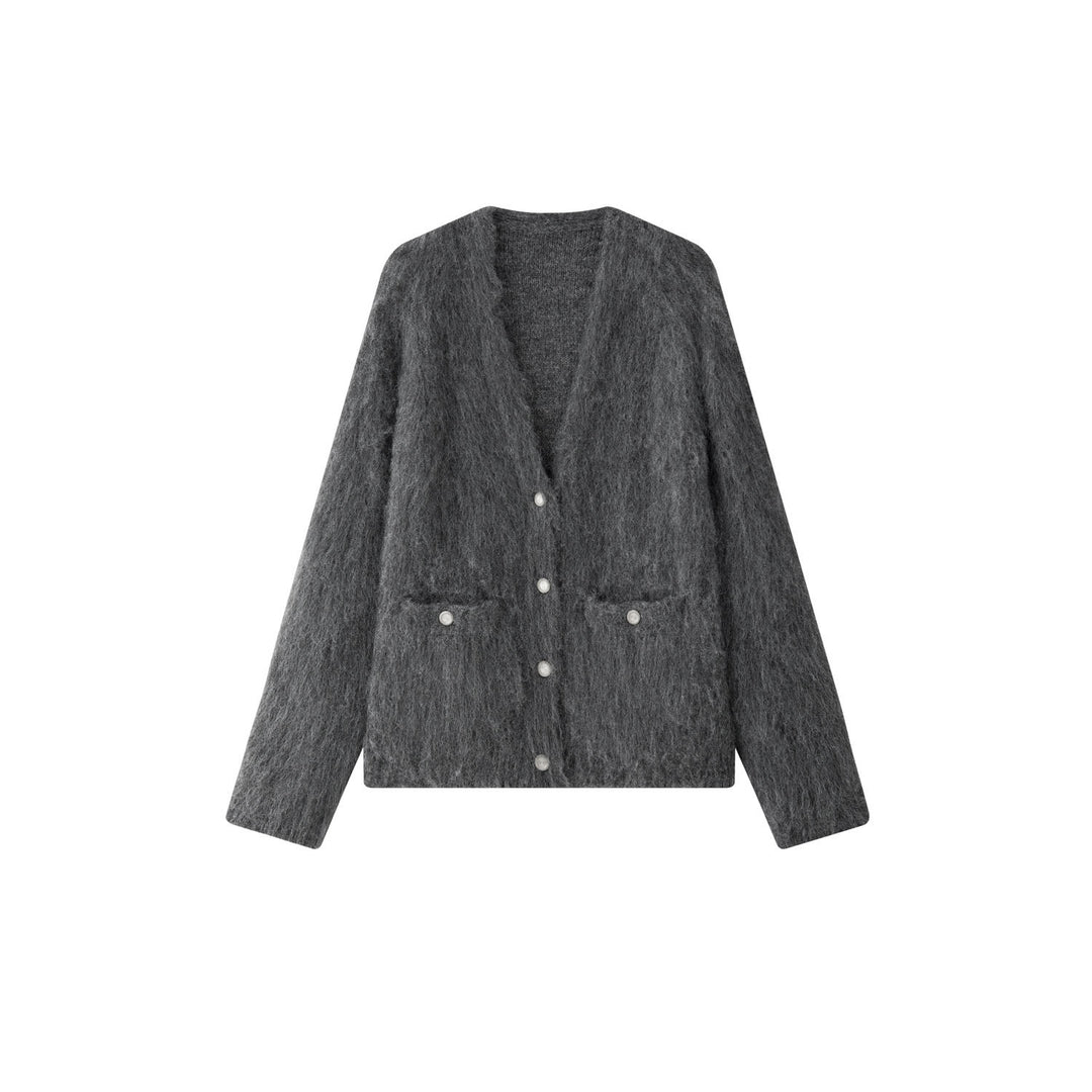 Ladies Chunky Fluffy Mohair-Look Cardigan with Button Placket and Pockets Amarae