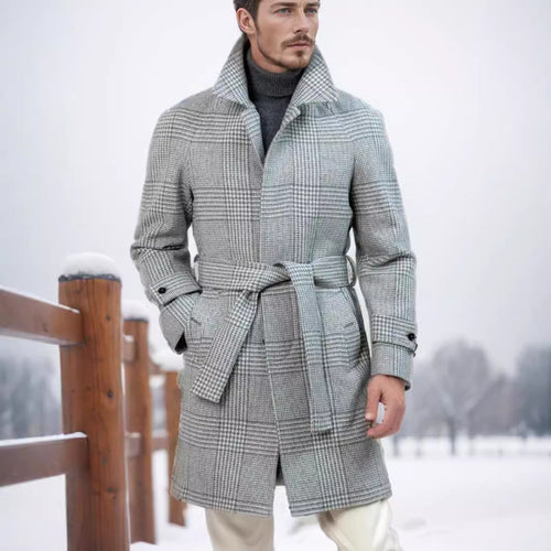 Elegant trench coat for men with a modern checked pattern and a waist belt Amarae