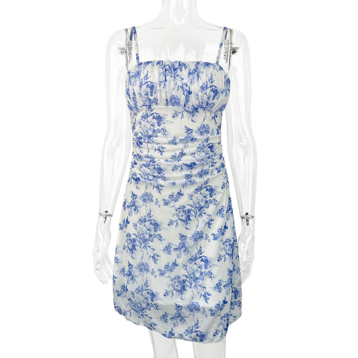 Women's summer floral dress with spaghetti straps and gathers Lune London