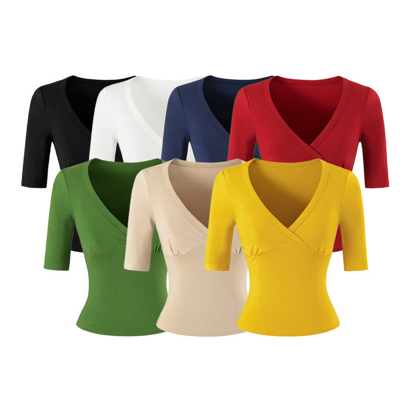 Women's body-hugging wrap shirt with deep V-neck, three-quarter sleeves, and waist accentuation Amarae