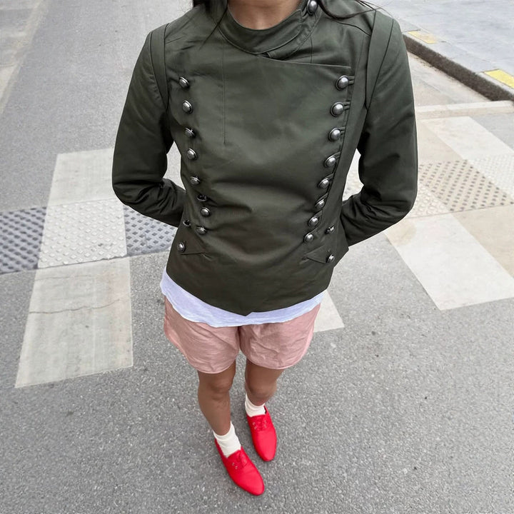 Women's Military-Inspired Short Jacket with Stand-Up Collar and Decorative Button Placket Amarae