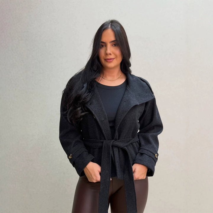 Women Short Double-Breasted Coat with Stand Collar and Tied Belt Amarae